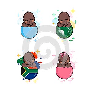 Africa Children`s Day. The vector shows babies on a pink and blue ball, babies on the planet. Afro-American children in a balloon